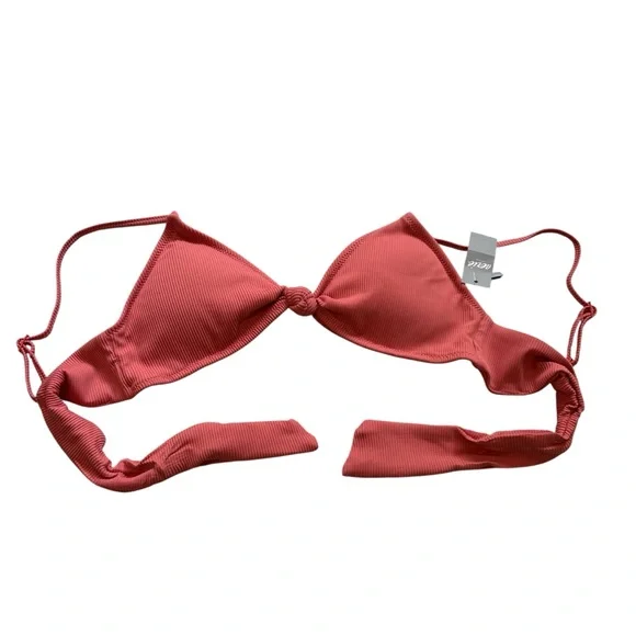 NWT, Aerie Coral Ribbed Padded Knot Front Tie Back Padded Bikini Top, Sz L - Picture 3 of 12